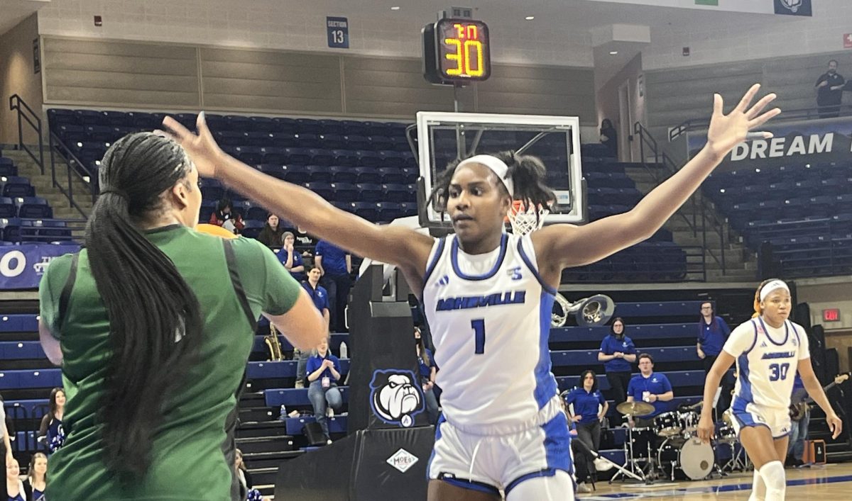 UNC Asheville Guard Journee McDaniel defending a USC Upstate inbounds play on Jan. 21.
