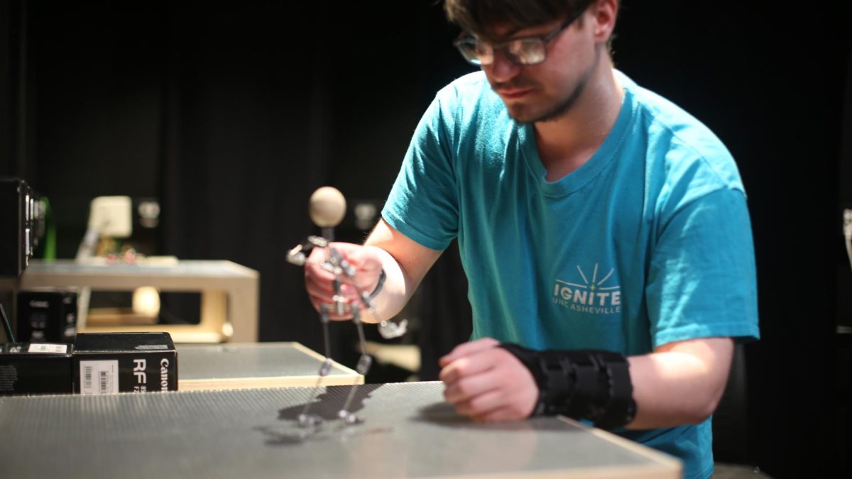 Luke Archer, junior and new media major, adjusts prop for a stop motion frame.

