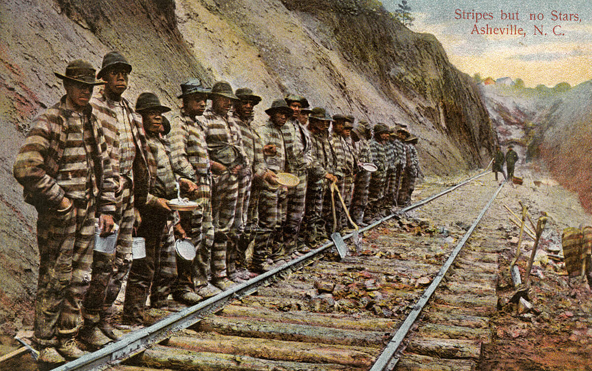 “Stripes But No Stars” courtesy of Buncombe County Special Collections. This postcard shows incarcerated Black workers forced to labor through the Prisoner Leasing system. After the end of chattel slavery, the 13th Amendment made slavery legal if convicted of a crime. Black people were imprisoned as a form of continued enslavement.

