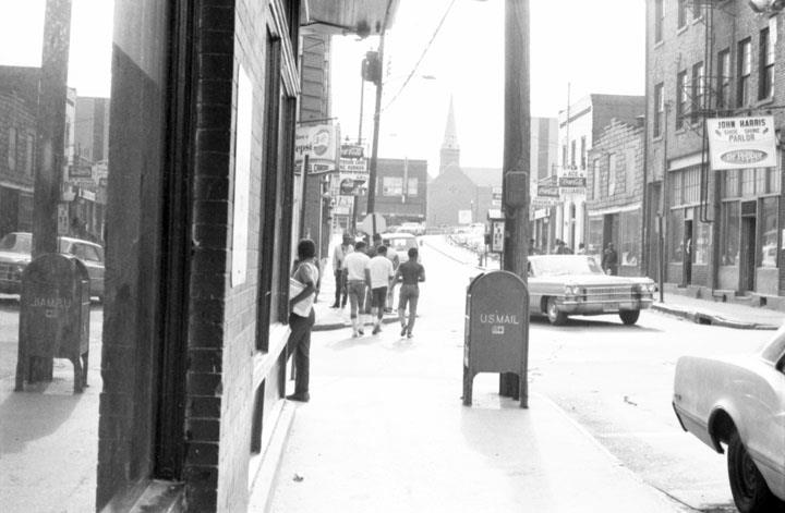 Eagle St. looking west. 1968. Photograph by Andrea Clark. Courtesy of Buncombe County Special Collections, Pack Memorial Library, Asheville, NC
