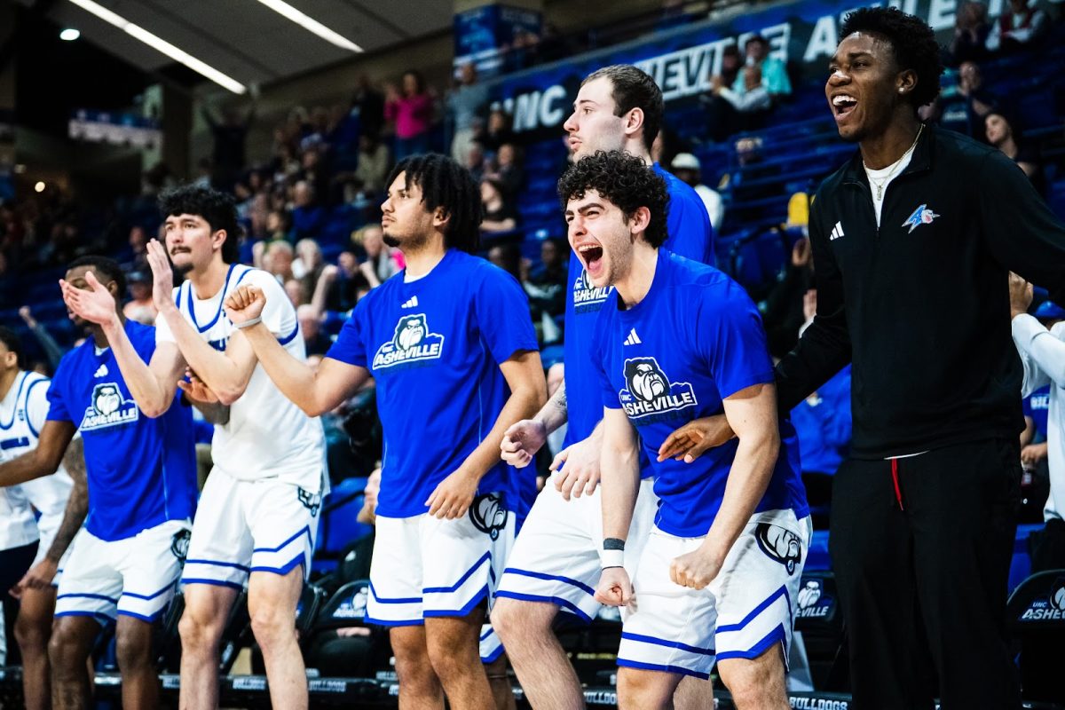 Basketball team cheering.